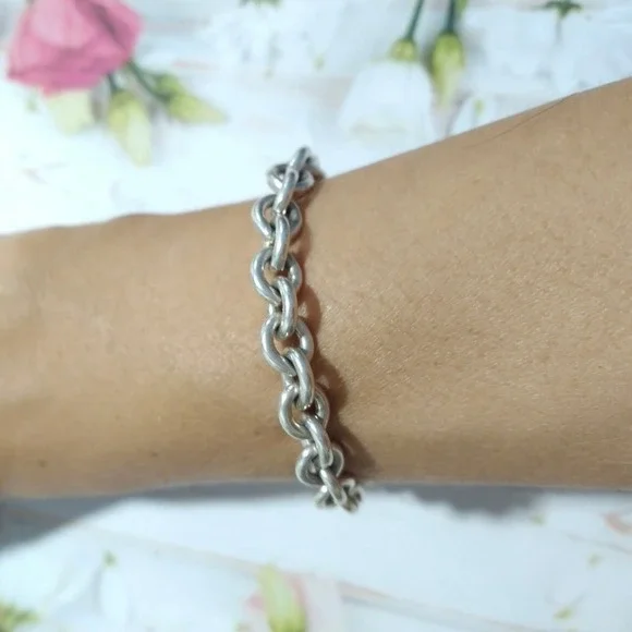 Designer 925 sterling silver cable chain bracelet large Heart charm 7''L signed - Picture 2 of 13